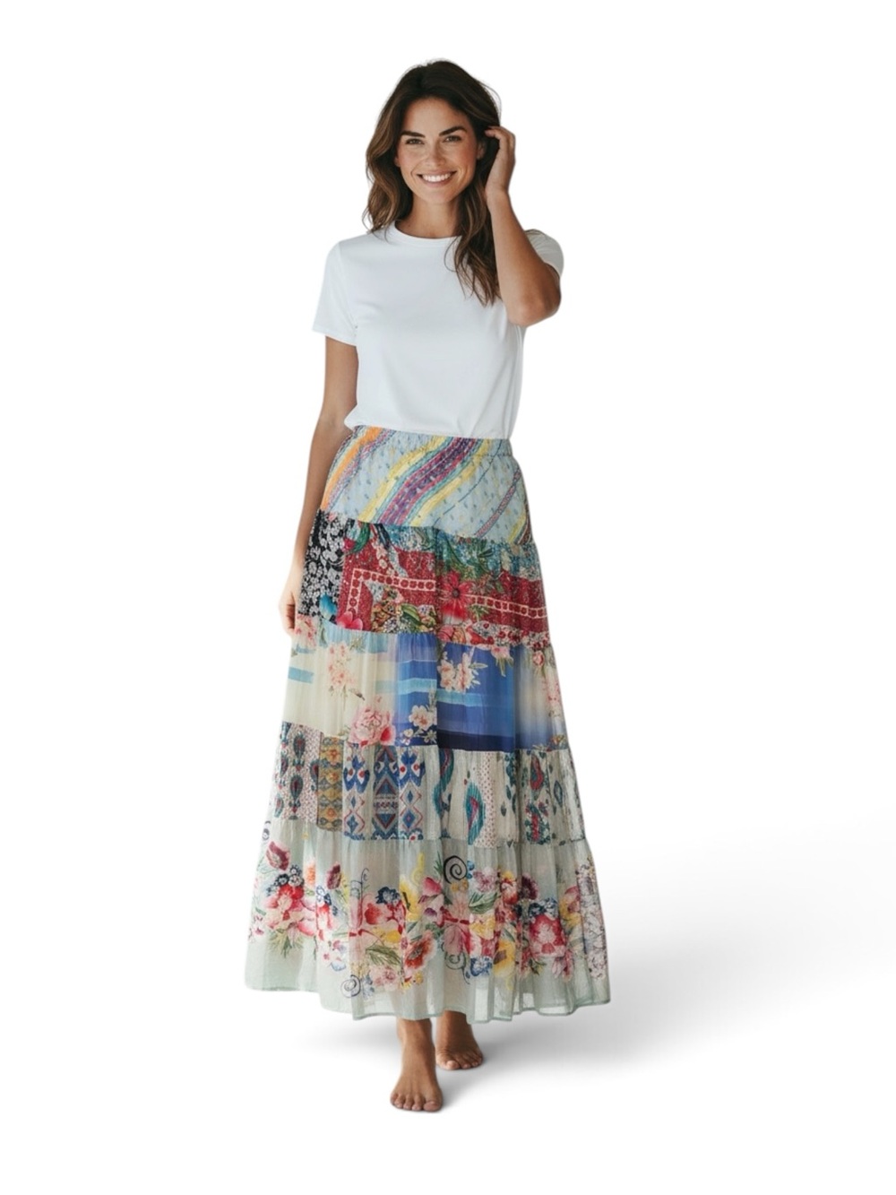Johnny Was Silk Floral Patchwork Maxi Skirt XS